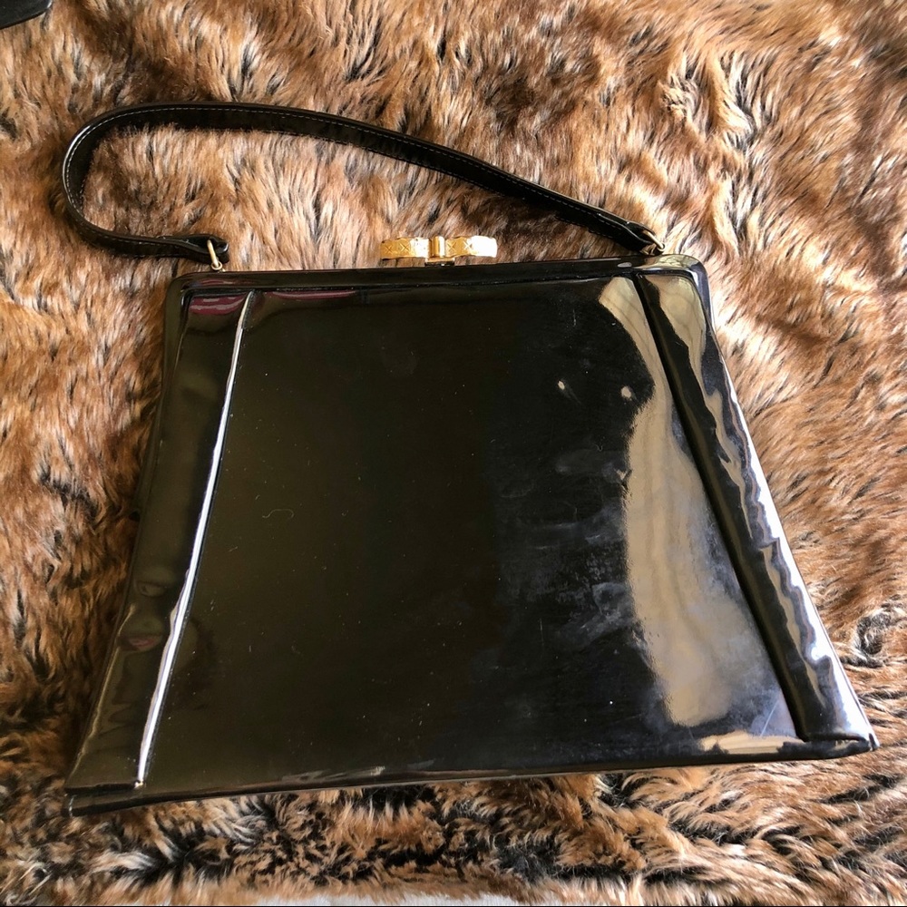 Vintage Patent Leather late 1960’s gold hardware black handbag